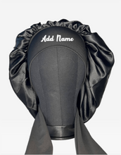 Load image into Gallery viewer, Satin Black Medium Tie Hair Bonnet
