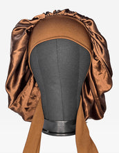 Load image into Gallery viewer, Satin Brown Medium Tie Hair Bonnet
